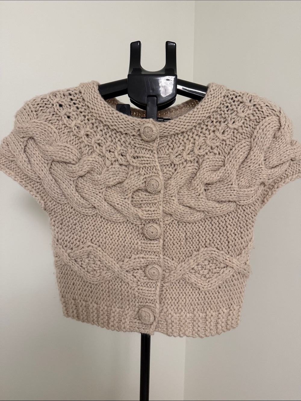 Lucky Brand Short Sleeve Cable Knit Button Cardigan in Beige